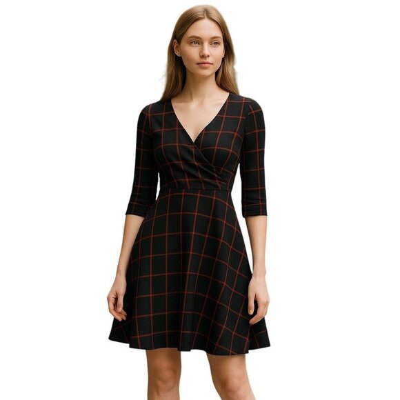 DKNY Plaid  Elbow Sleeve Sleeve Fit and Flare Black Red 4 NWT - Picture 1 of 9